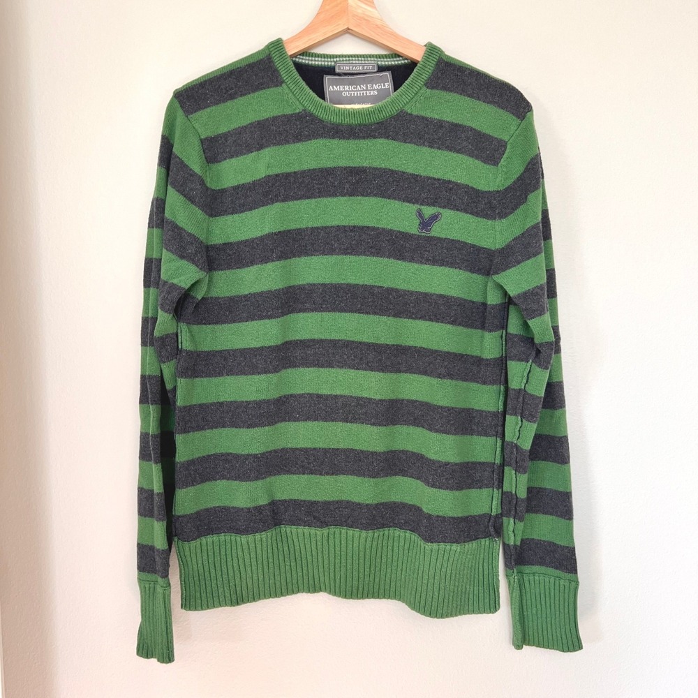 American‎ Eagle Outfitters Mens Green Navy Striped Cotton Wool Sweater Medium M